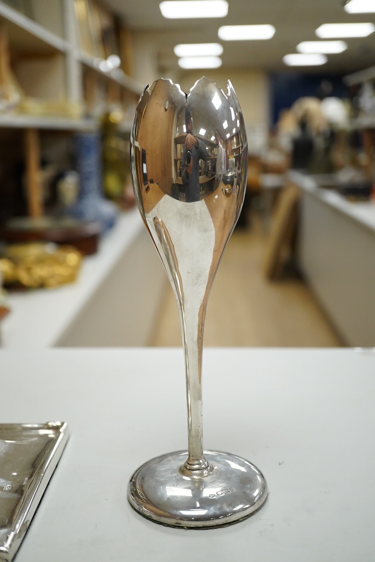 A silver mounted square inkwell by Mappin & Webb, marks rubbed, base 15.1cm, together with an Edwardian silver tulip vase, Sheffield, 1909, weighted